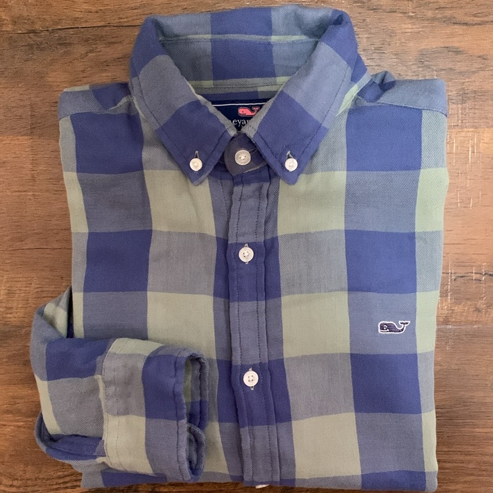 NWOT Vineyard Vines Slim Fit Whale Cotton Button Down Blue Green Check Shirt